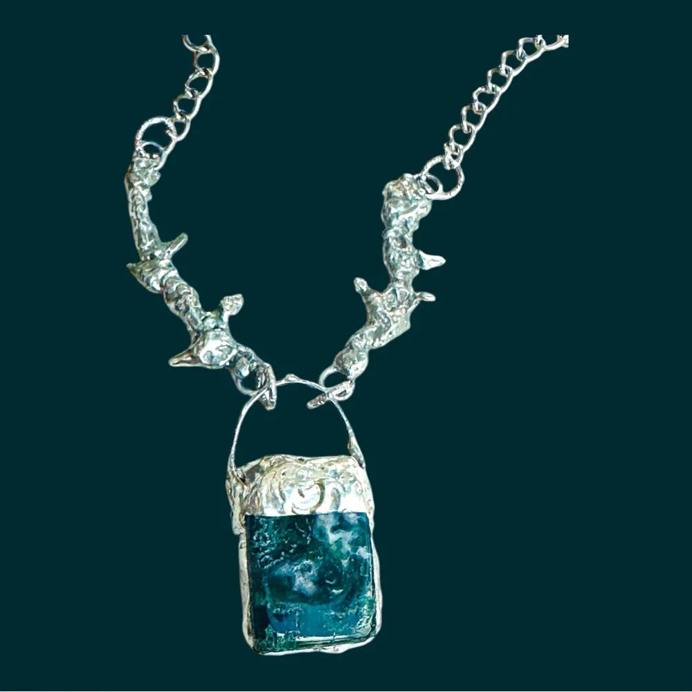 Moss Agate Pendant & Thorn Necklace Crafted w/ Silver Blend Brutalist Metalwork